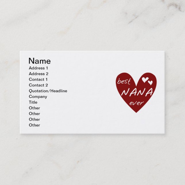 Red Heart Best Nana Ever T-shirts and Gifts Business Card (Front)