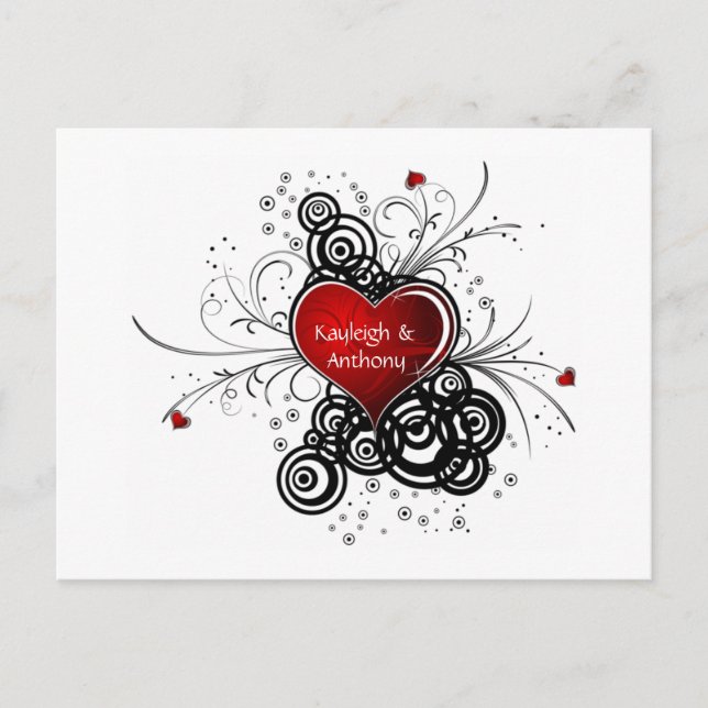 Red Heart Black Swirls Save The Date Announcement Postcard (Front)