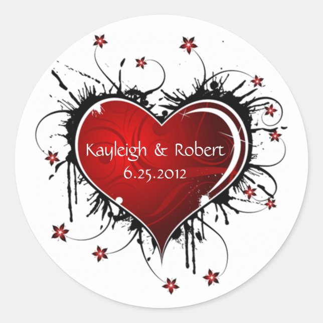 Red Heart Black Swirls Save The Date Stickers (Front)