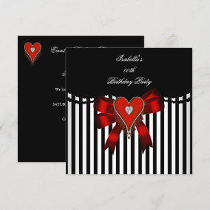Red Heart Black White Stripe Bow Birthday Party Invitation