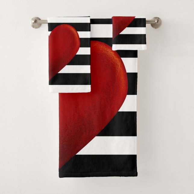 Red Heart Black White Stripes Bath Towel Set (Insitu)
