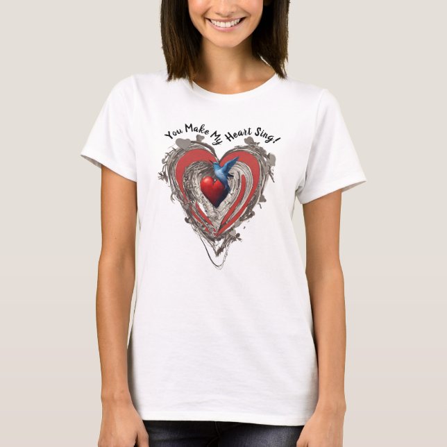 Red Heart Blue Bird You Make My Heart Sing T-Shirt (Front)