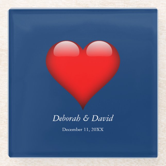 Red Heart Blue Modern Minimalist Wedding Glass Coaster (Front)