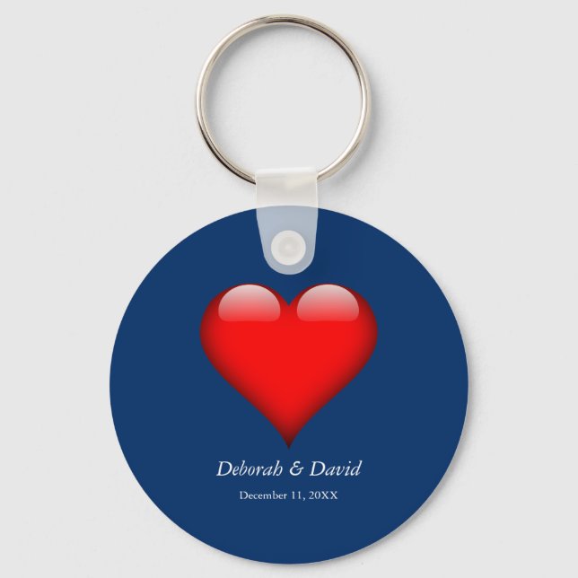 Red Heart Blue Modern Minimalist Wedding Keychain (Front)