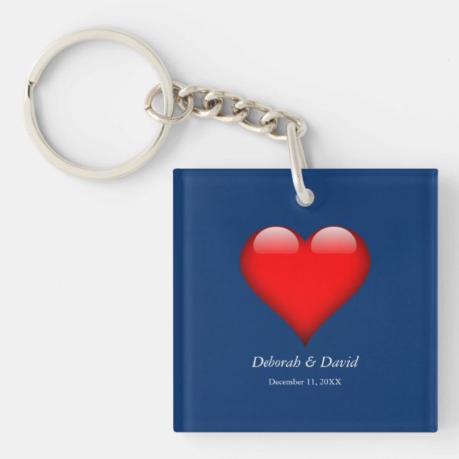 Red Heart Blue Modern Minimalist Wedding Keychain (Front)