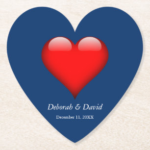Red Heart Blue Modern Minimalist Wedding Paper Coaster