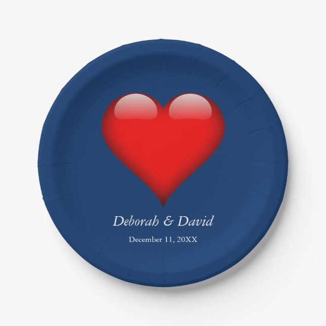 Red Heart Blue Modern Minimalist Wedding Paper Plate (Front)