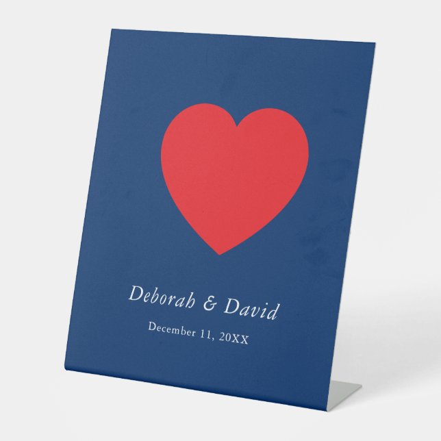 Red Heart Blue Modern Minimalist Wedding Pedestal Sign (Front)