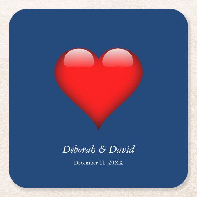 Red Heart Blue Modern Minimalist Wedding Square Paper Coaster (Front)