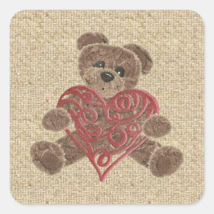 Red heart burlap teddy bear stickers