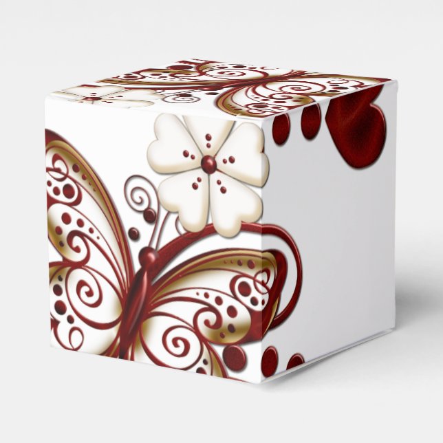 Red Heart Butterflies Cube Favour Box (Front Side)