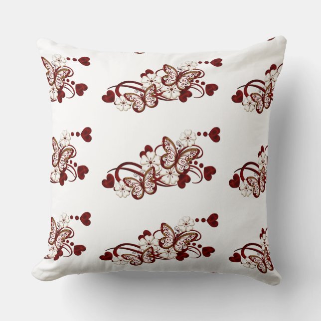 Red Heart Butterflies Tiled Pattern Throw Pillow (Front)