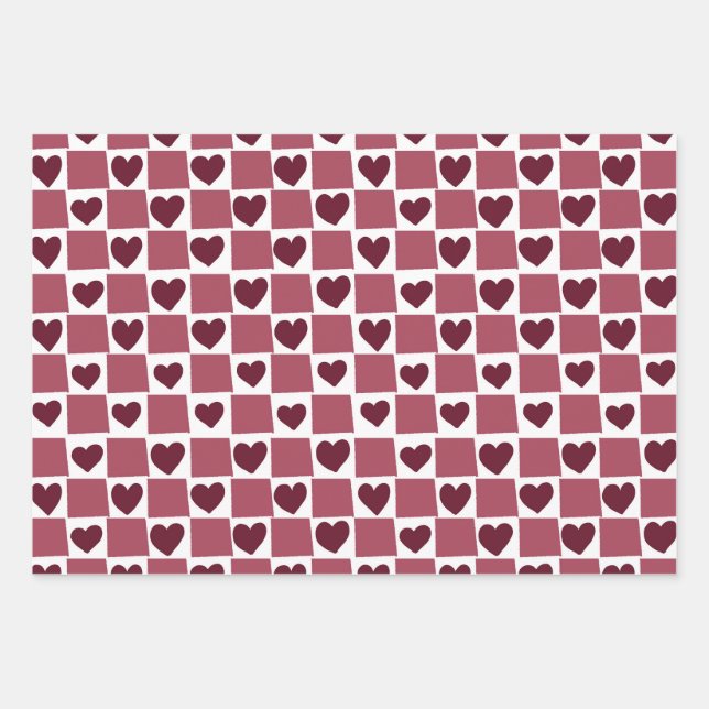 Red Heart Checkerboard Pattern Wrapping Paper Sheet (Front)
