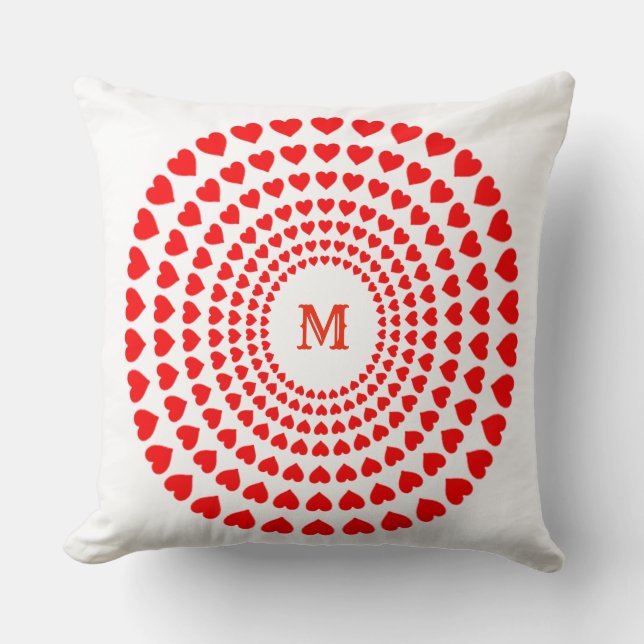 Red Heart Circles Mandala on White Throw Pillow (Front)