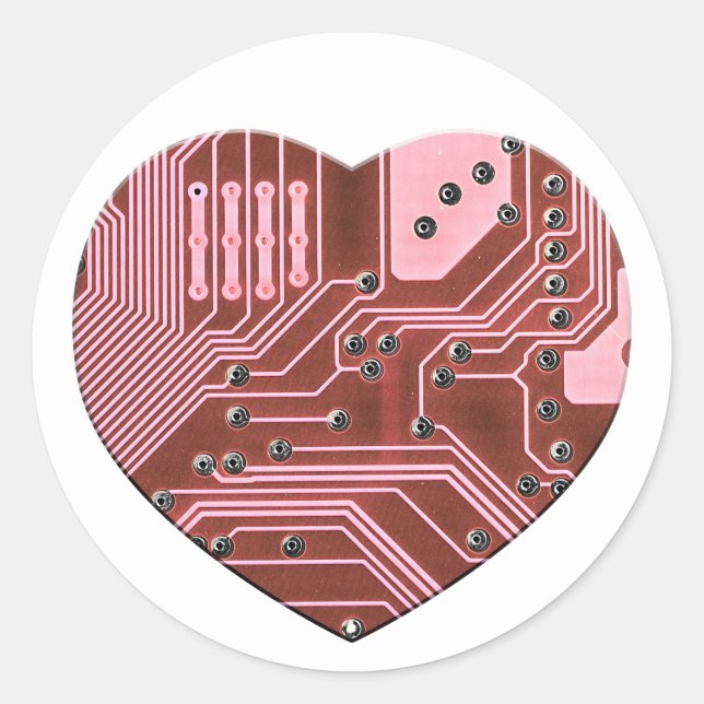 Red Heart Circuit Board Valentines Classic Round Sticker (Front)