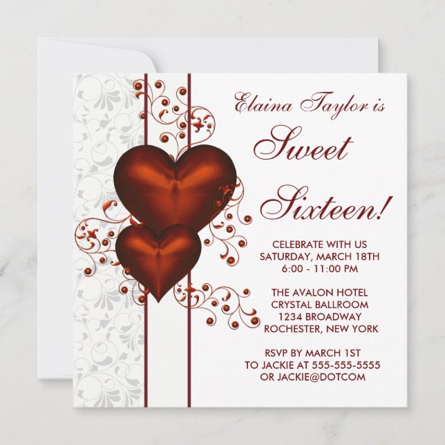 Red Heart Damask Sweet 16 Birthday Party Invitation (Front)