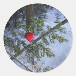 Red Heart Decoration on Pine Branch Classic Round Sticker