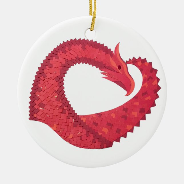 Red heart dragon on white ceramic ornament (Front)