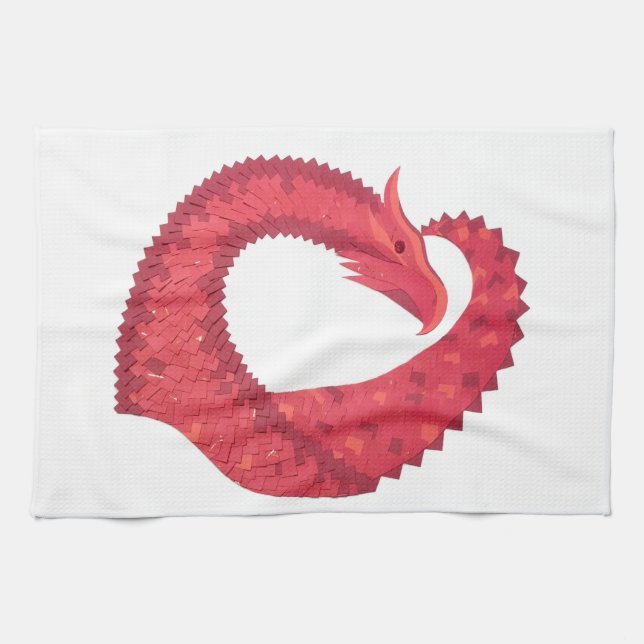 Red heart dragon on white kitchen towel (Horizontal)