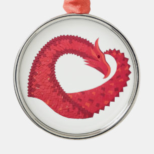 Red heart dragon on white metal ornament
