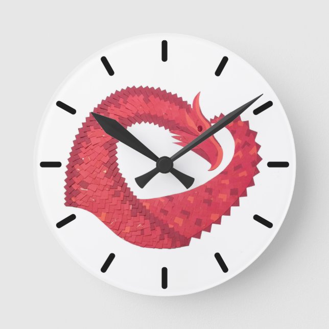 Red heart dragon on white round clock (Front)