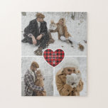 Red Heart Family Name Photo Collage Christmas Jigsaw Puzzle<br><div class="desc">Create a beautiful photo Christmas puzzle featuring 3 photos decorated with falling snow and a red buffalo plaid heart with a custom text and a snowflake inside.</div>