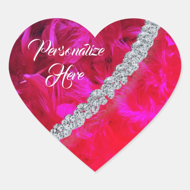 Red heart feather boa draped diamond sticker (Front)