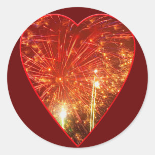 Red Heart Firework Classic Round Sticker