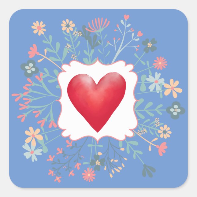 Red Heart, Floral Border, Valentine Square Sticker (Front)
