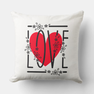 Red Heart & Flowers Text Graphic Modern & Stylish Throw Pillow