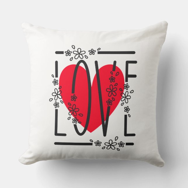 Red Heart & Flowers Text Graphic Modern & Stylish Throw Pillow (Front)