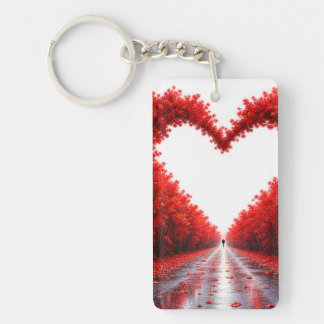 Red Heart Forest Path – Autumn Love Nature Design Keychain