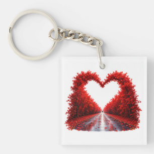 Red Heart Forest Path – Autumn Love Nature Design Keychain