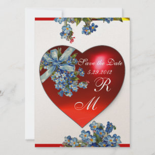 RED HEART & FORGET ME NOTS MONOGRAM Blue White Invitation