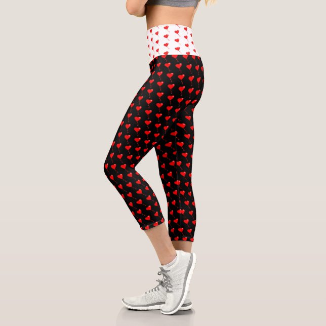 Red Heart Girly Fun Balloon Pattern White Black Capri Leggings (Left)