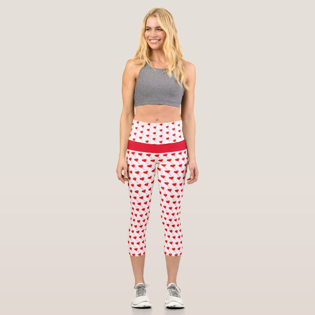 Red Heart Girly Fun Chic Balloon Pattern White Capri Leggings (Front)