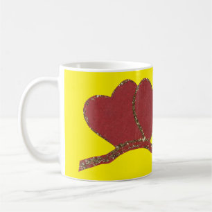 Red heart gold sparkle Valentine's on yellow Coffee Mug
