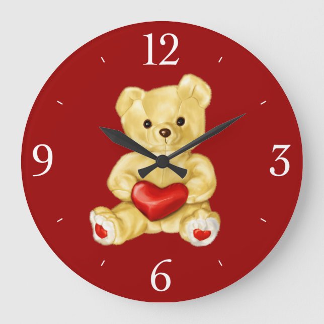 Red Heart Hypnotizing Cute Teddy Bear Large Clock (Front)