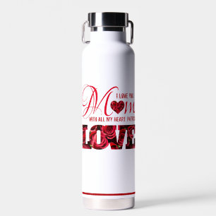 Red Heart I Love You Mom Floral Modern Mothers Day Water Bottle