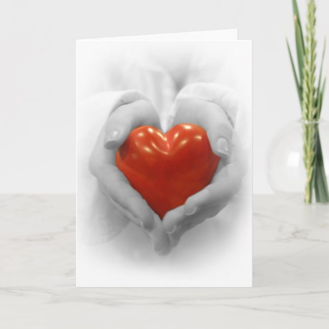 Red Heart in Hands, I Love You Shape Card (Front)