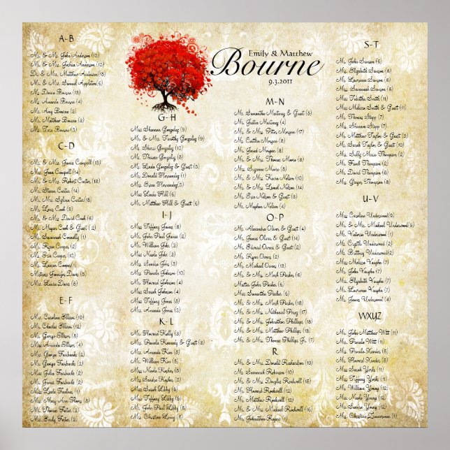 Red Heart Leaf Damask Wedding Seating Chart (Front)