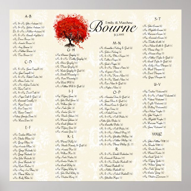 Red Heart Leaf Damask Wedding Seating Chart (Front)