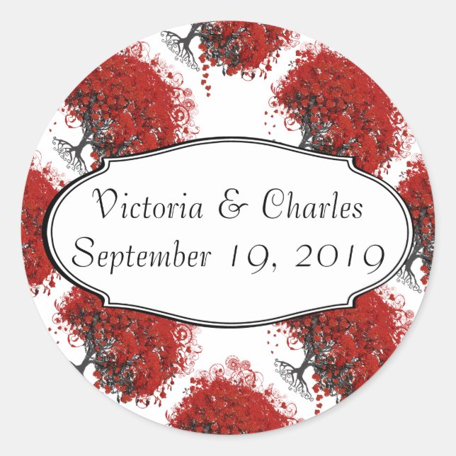 Red Heart Leaf Tree Classic Round Sticker (Front)