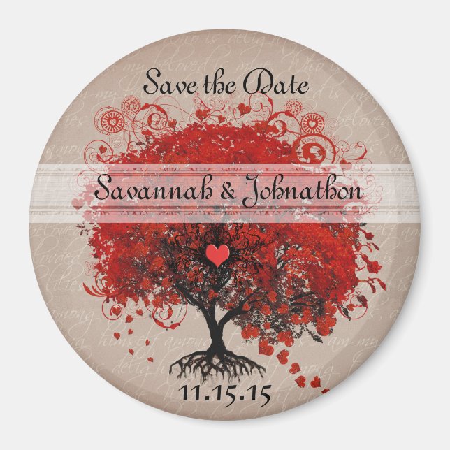 Red Heart Leaf Tree Save the Date Magnets (Front)