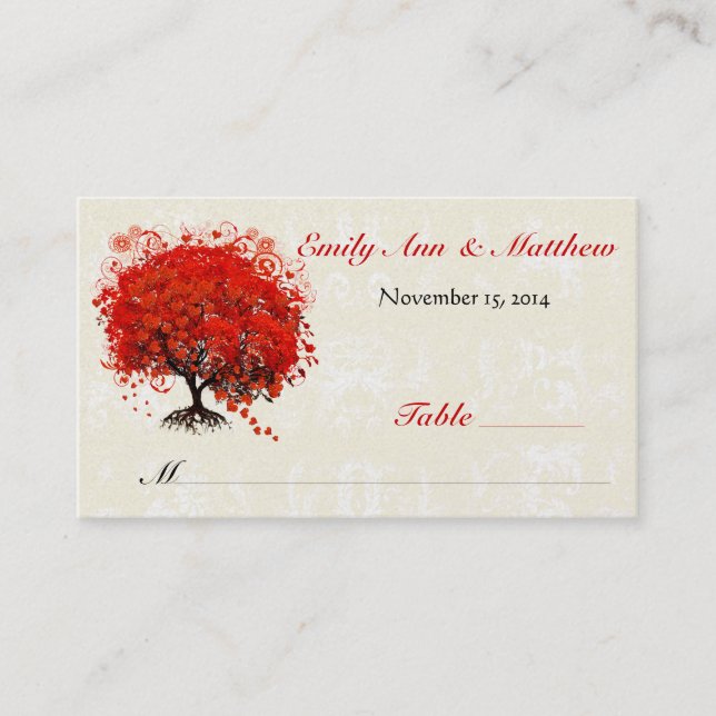 Red Heart Leaf Tree Table Place Cards (Front)