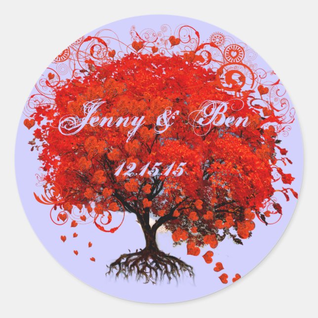 Red Heart Leaf Tree Wedding Classic Round Sticker (Front)