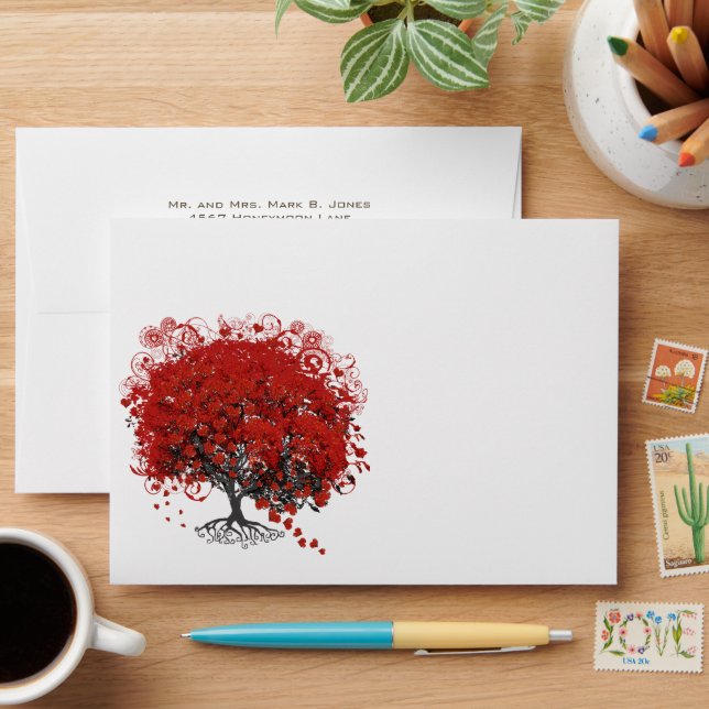 Red Heart Leaf Tree Wedding Envelopes (Desk)
