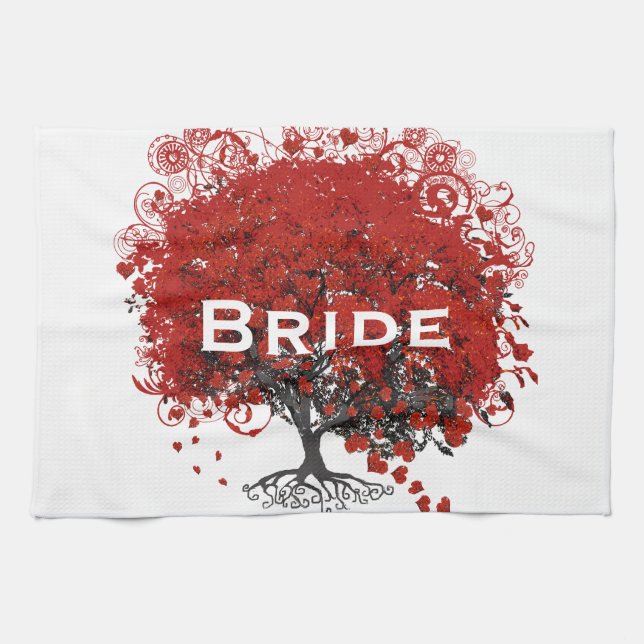 Red Heart Leaf Tree Wedding Kitchen Towel (Horizontal)