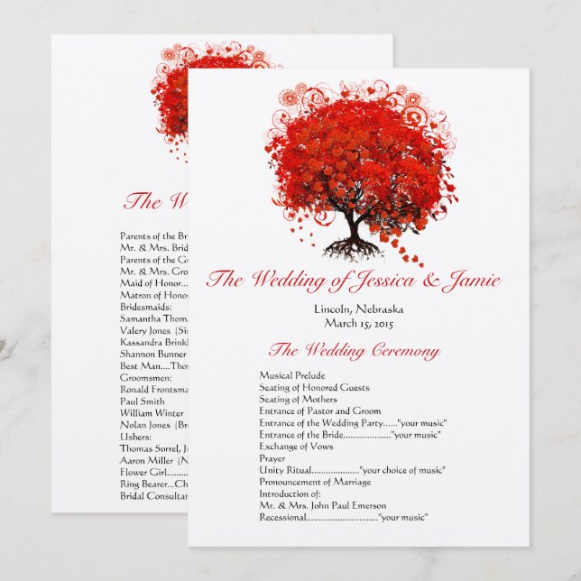 Red Heart Leaf Tree Wedding Program (Front/Back)