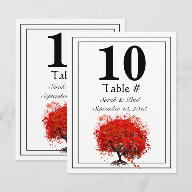 Red Heart Leaf Tree Wedding Table Number (Front/Back)